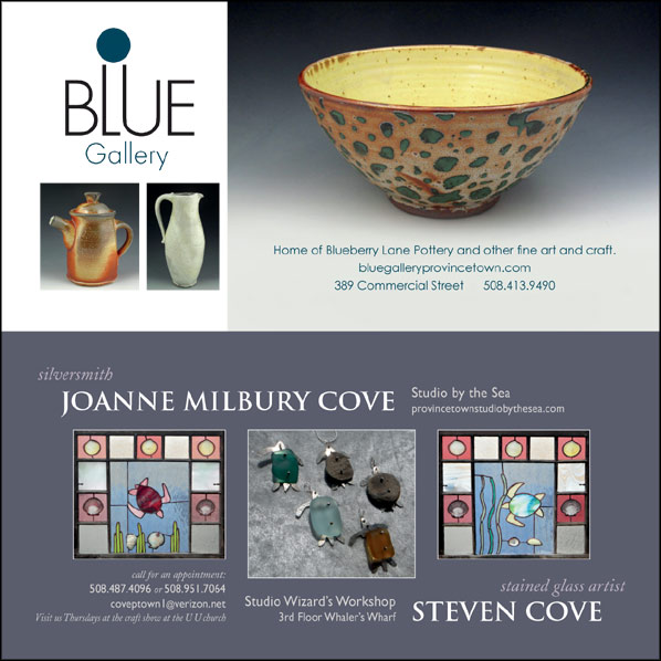 ad for Blue Gallery with link to their website, ad for Joanne Milbury Cove and Steven Cove with link to their website and email 