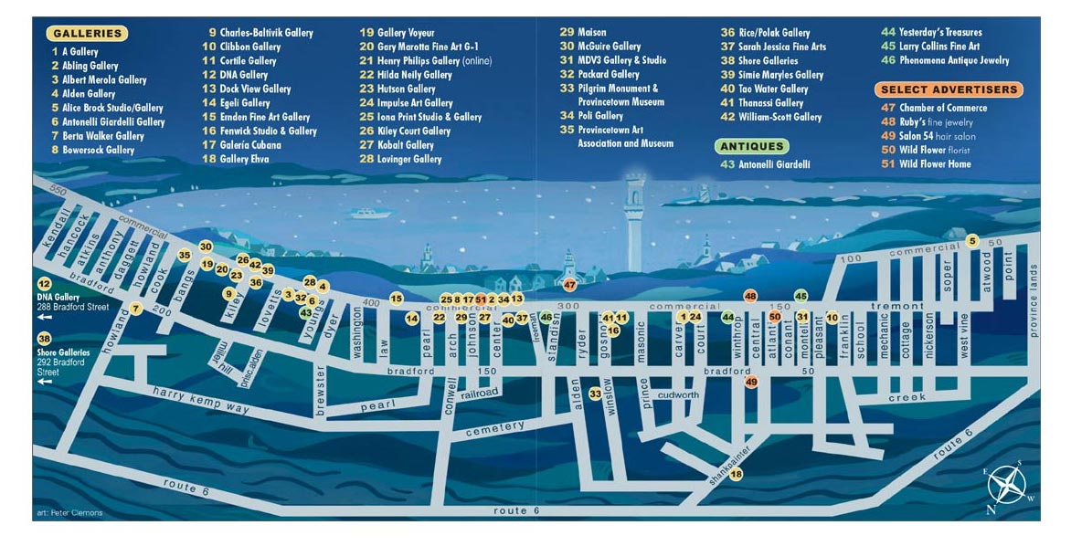 map of Provincetown showing locations of galleries, antiques, and special advertisers of Provincetown Art Guide