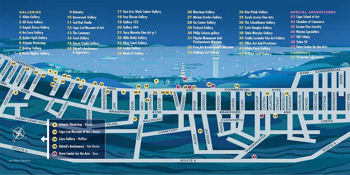 map of Provincetown showing locations of galleries, antiques, and special advertisers of Provincetown Art Guide